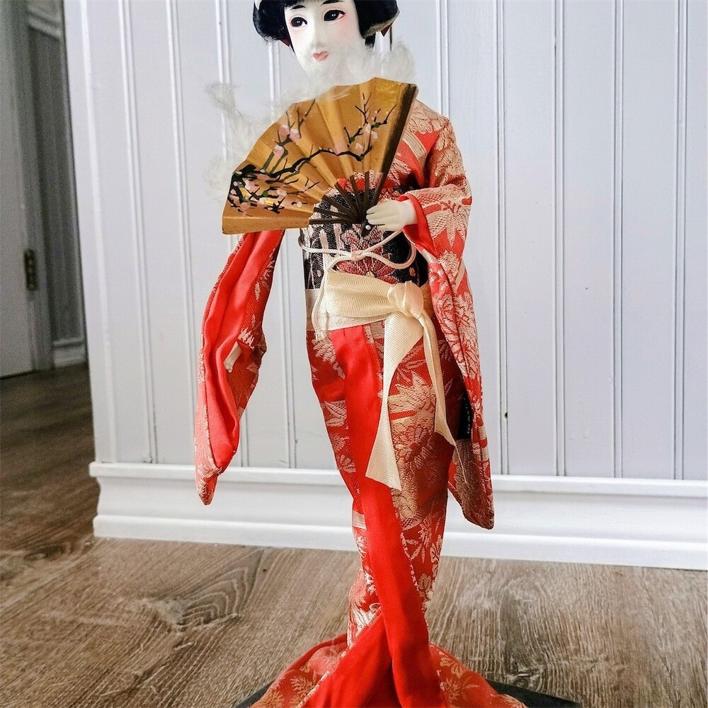 Rare Nishi 16” Vintage Japanese Geisha Doll Red Gold Kimono Fan Stand